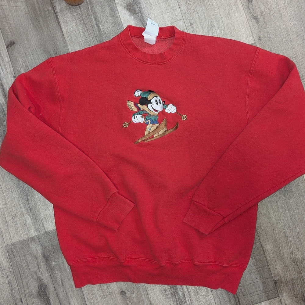 Disney VINTAGE MICKEY MOUSE SKI Y2K UGLY SWEATER CHRISTMAS Red Crewneck Sweater